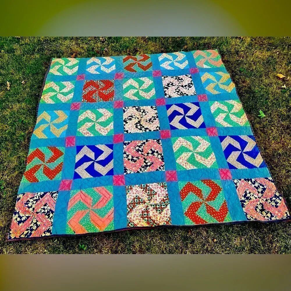 Vintage Hand Stitched Pinwheel Quilt - 72” 1930’s-1940’s Folk Art Vibrant